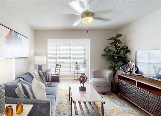 Living Room With Ceiling Fan at Breckinridge Vue, Duluth, Georgia