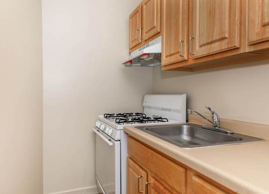 A kitchen with a stove, sink and cabinets at Sheridan Park, Illinois 60640