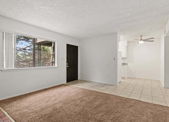 A room with a brown carpet and a ceiling fan.