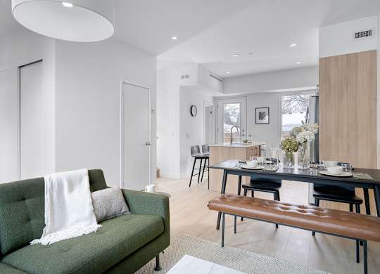 A modern living room with a green couch and a wooden bench at The Grindstone Apartments, Ontario, L0R 2H0