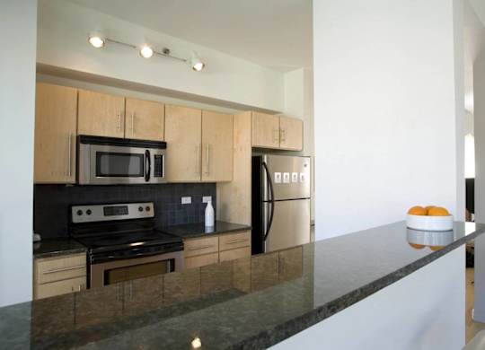 A modern kitchen with a black countertop and stainless steel appliances.at 66 Main, Yonkers New York