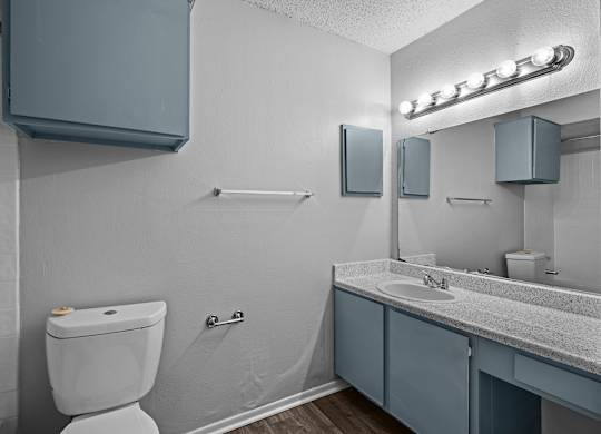A bathroom with a toilet, sink, and mirror.