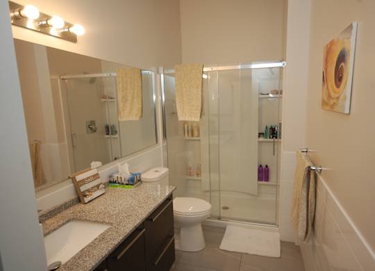 A bathroom with a toilet, sink, and shower.
