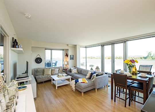 A living room with a grey couch and a wooden floor.