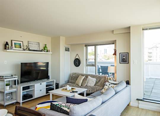 A living room with a grey couch and a television.
