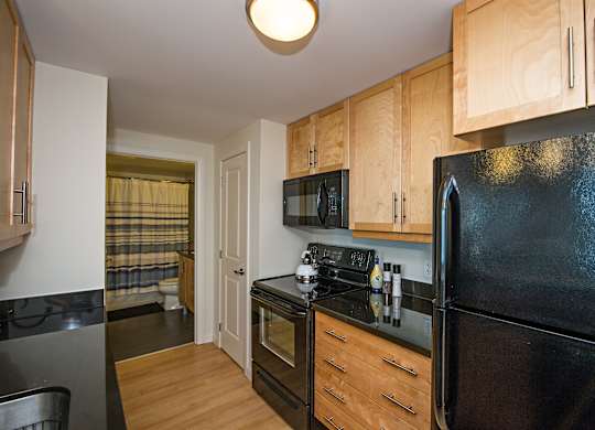 A black refrigerator is in a kitchen with wooden cabinets.
