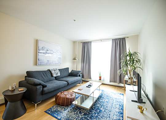 A living room with a grey couch, a coffee table, and a painting on the wall.