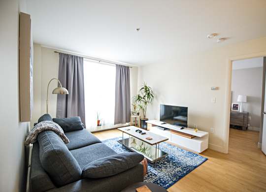 A living room with a grey couch and a white coffee table.