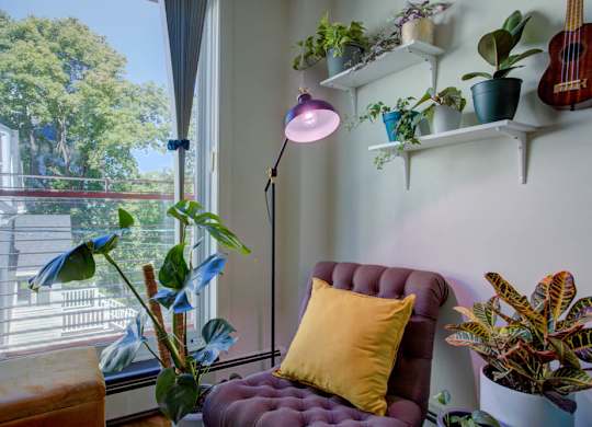 A room with a purple chair and a yellow pillow.