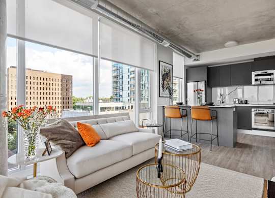 Modern living area with SoHo Designer Kitchen at SoHo Italia Rentals
