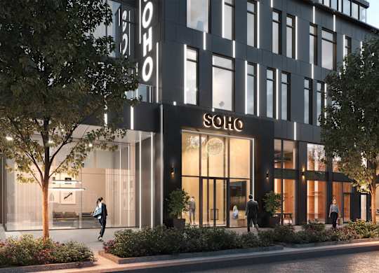 A modern building with the word