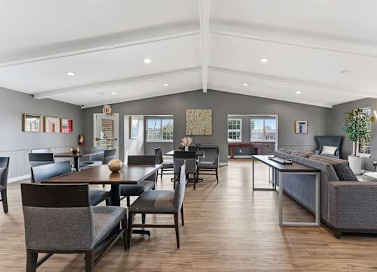 A modern living room with a wooden floor and grey furniture.