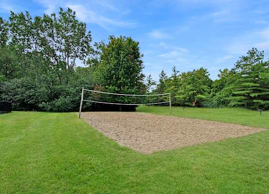 A volleyball net is set up in the middle of a grassy field.