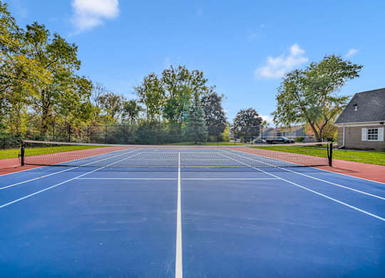 A blue tennis court surrounded by trees and a house.