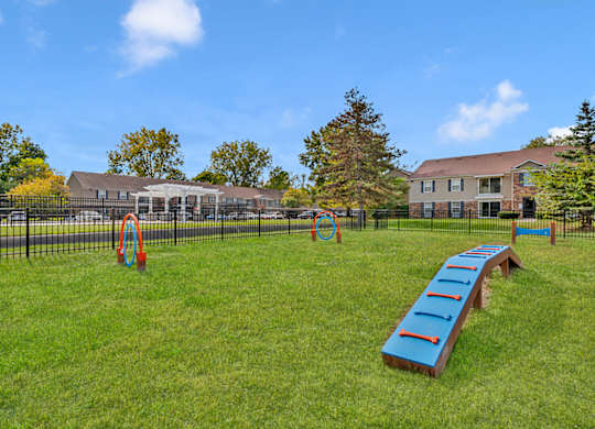 A playground with a blue slide and orange rings.