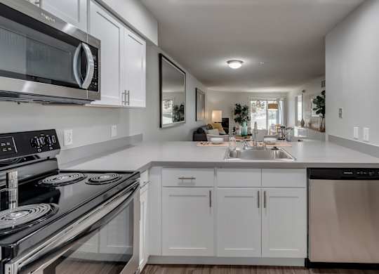 A modern kitchen with white cabinets and stainless steel appliances.