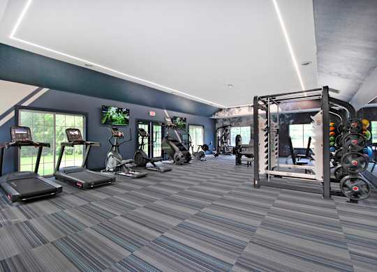 A gym with treadmills, weights, and exercise equipment.
