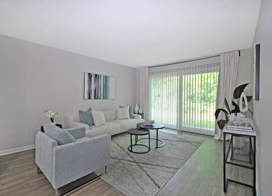 A living room with a grey couch and a coffee table.