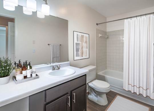 A bathroom with a white sink, toilet, and bathtub.