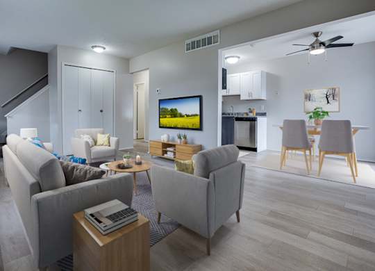 A living room with a grey couch, a coffee table, and a television.