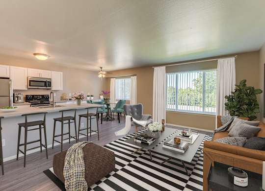 A well-lit kitchen with a bar area and a living room with a couch and a coffee table.