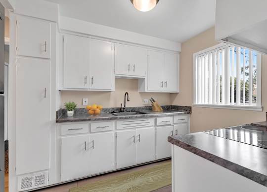 A kitchen with white cabinets and a marble countertop.