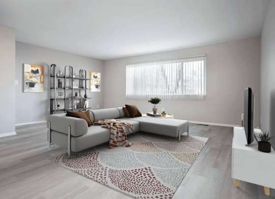 Living room with a grey sofa and a patterned rug at Versailles, 25026 E Rue Versailles, Oak Park