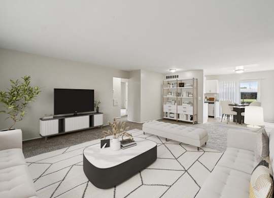 Modern living room with a white sofa, a black coffee table, and a flat-screen TV at Versailles, 25026 E Rue Versailles, 48237
