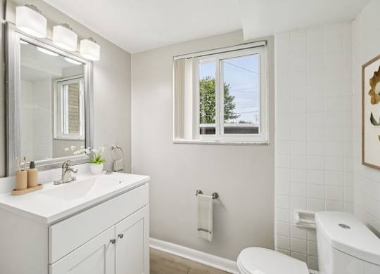 White bathroom with a toilet, sink, and mirror at Versailles, 25026 E Rue Versailles, Oak Park, MI 48237
