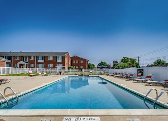 A pool with a no diving sign in the foreground.