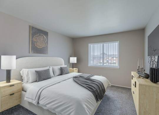 A bedroom with a large bed, two nightstands, and a window.