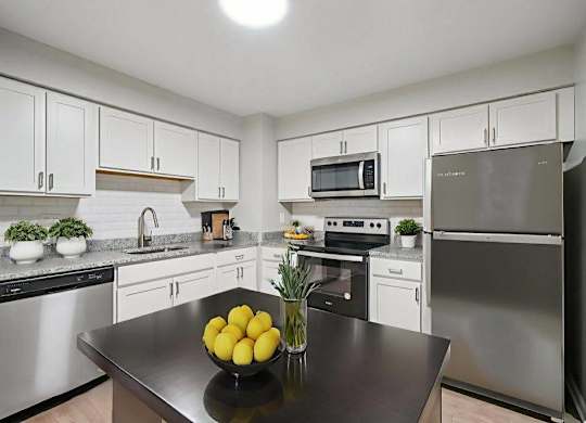 A kitchen with a black countertop and stainless steel appliances.