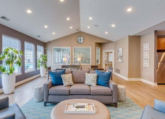 A living room with a grey couch and a coffee table.