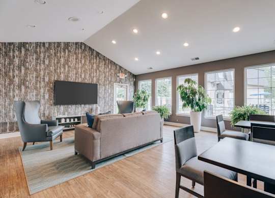 A living room with a grey sofa and a television.