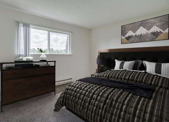 A bedroom with a bed, dresser, and a mountain painting on the wall.