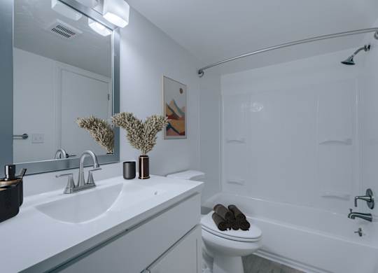 A white bathroom with a toilet, sink, and mirror.