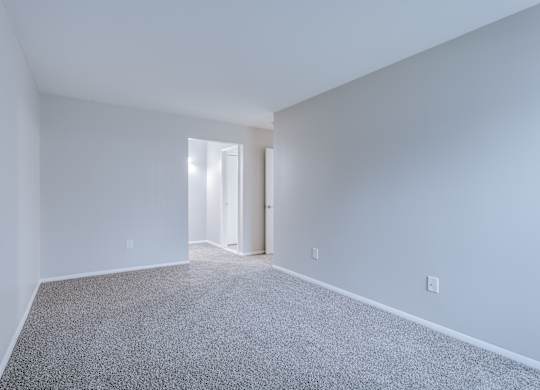 A room with a carpeted floor and a doorway leading to another room.