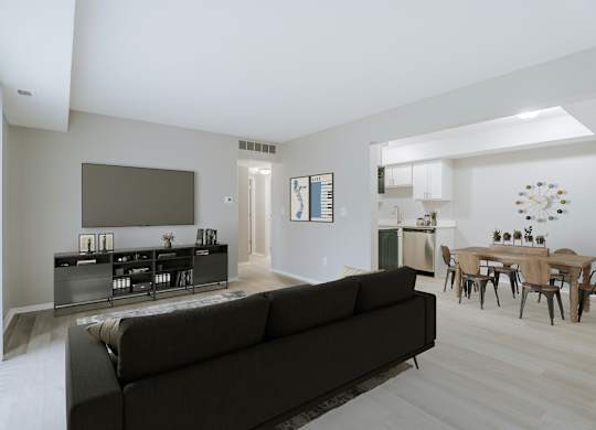 A living room with a black couch and a television.