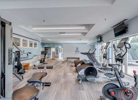 A gym with a variety of equipment including a rowing machine.