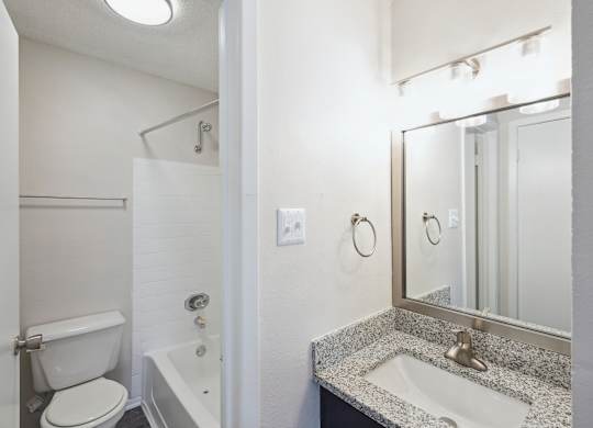 A bathroom with a toilet, sink, and mirror.