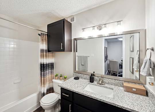 A bathroom with a white toilet, a sink, and a mirror.