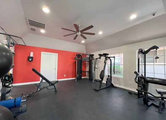 A gym with a variety of equipment including a bench press, a squat rack, and a treadmill.