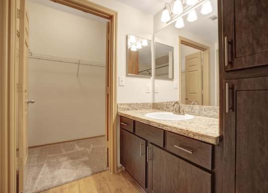 A bathroom with a sink, mirror, and wooden cabinets.