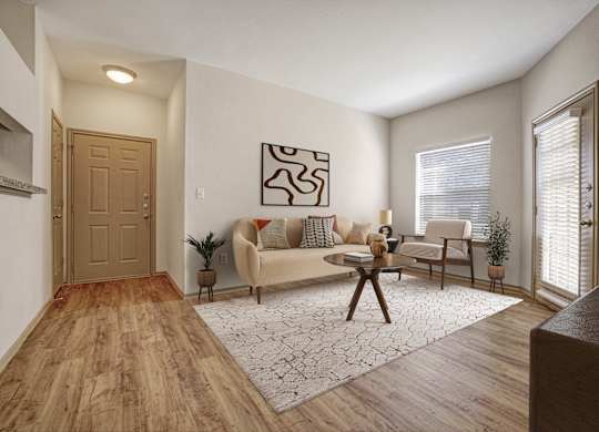 A living room with a couch, chair, and rug.