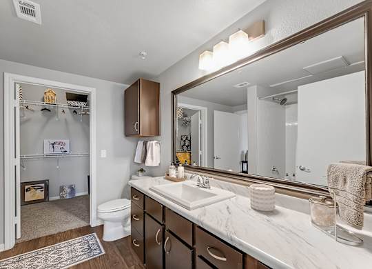 A bathroom with a white sink and a large mirror.