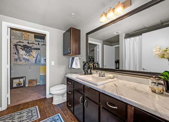 A bathroom with a marble countertop and a large mirror.