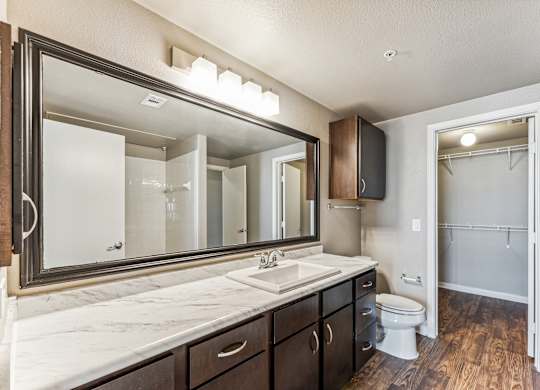 A bathroom with a marble counter top and a large mirror.