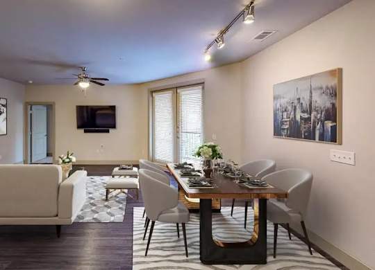 Spacious Living Room With Plank Flooring at Civic at Frisco Square Apartments, Frisco, TX, Texas