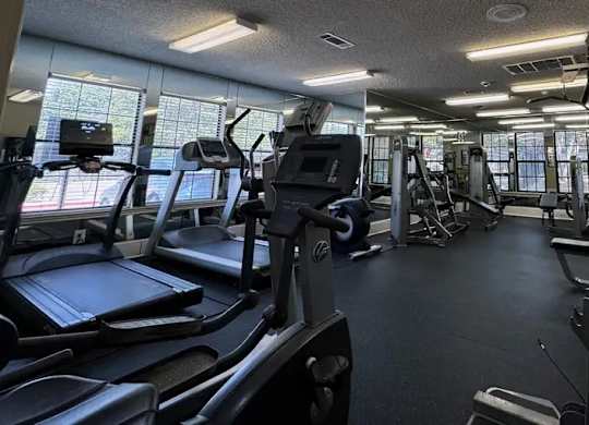 A gym with treadmills, elliptical machines, and other exercise equipment.