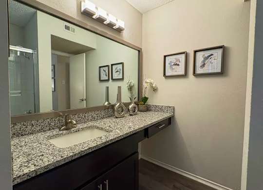 A bathroom with a granite countertop and a large mirror.